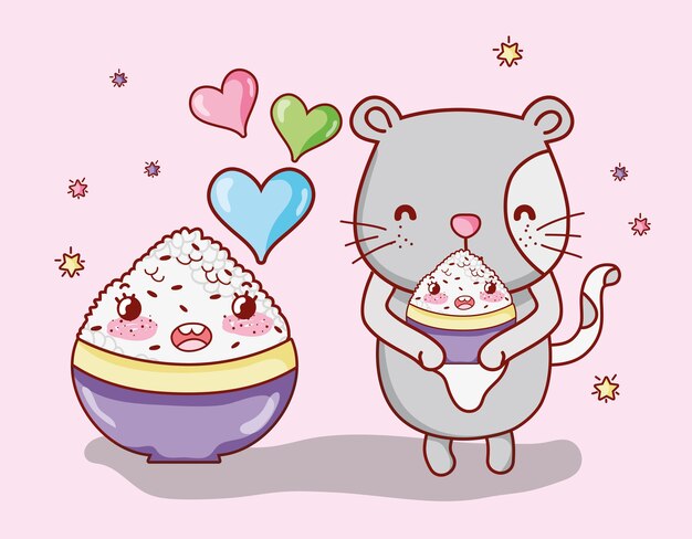 Gato e comida do japão kawaii