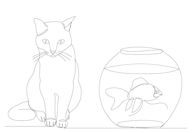 Gato e peixe no aquário, um desenho de linha contínua, vetor