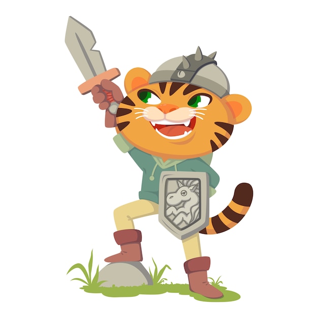 Vetor gato em botas de personagem de conto de fadas. tigre com uma espada, escudo e capacete. gato fantasiado de guerreiro medieval, cavaleiro. ilustração isolado no fundo branco.