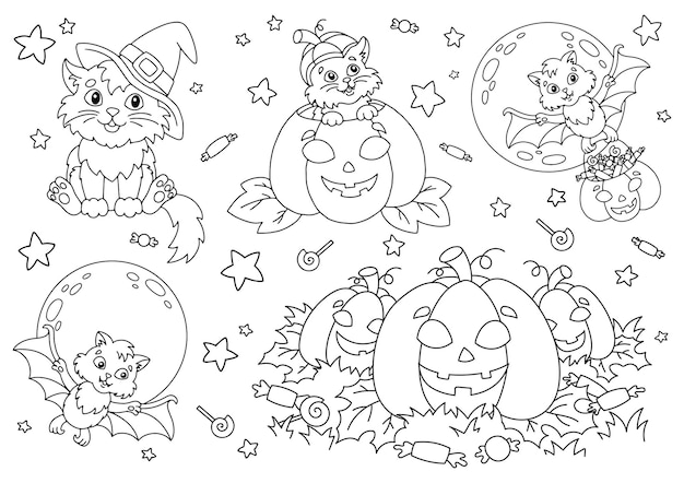 Gato em uma bruxa chapéu morcego abóbora doce tema de halloween livro de colorir página para crianças