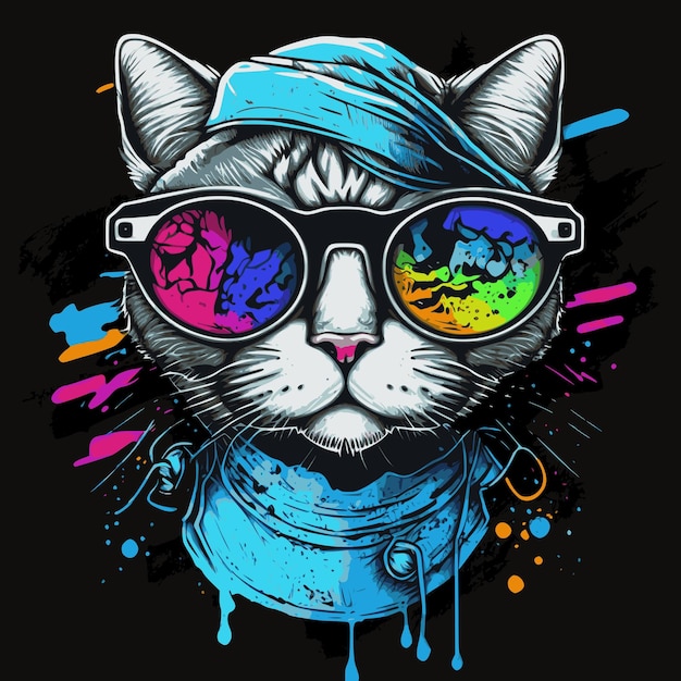 Gato engraçado com óculos de sol extravagantes e coloridos, estilo de arte de grafite.