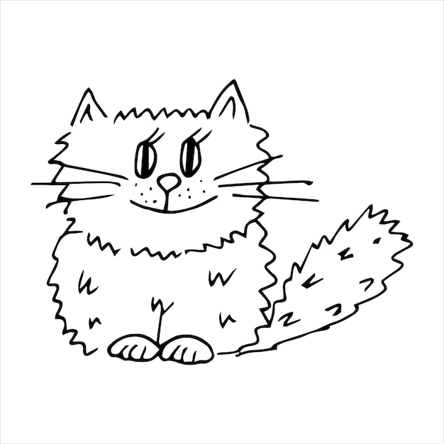 Gato engraçado desenhado à mão em estilo doodle preto e branco