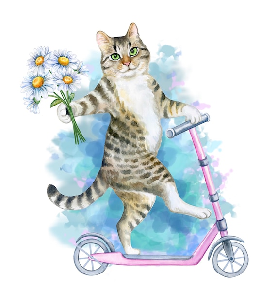 Gato engraçado e brincalhão monta uma scooter rosa isolada no fundo branco ilustração em aquarela