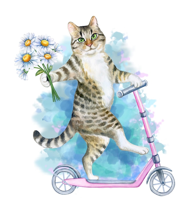 Vetor gato engraçado e brincalhão monta uma scooter rosa isolada no fundo branco ilustração em aquarela