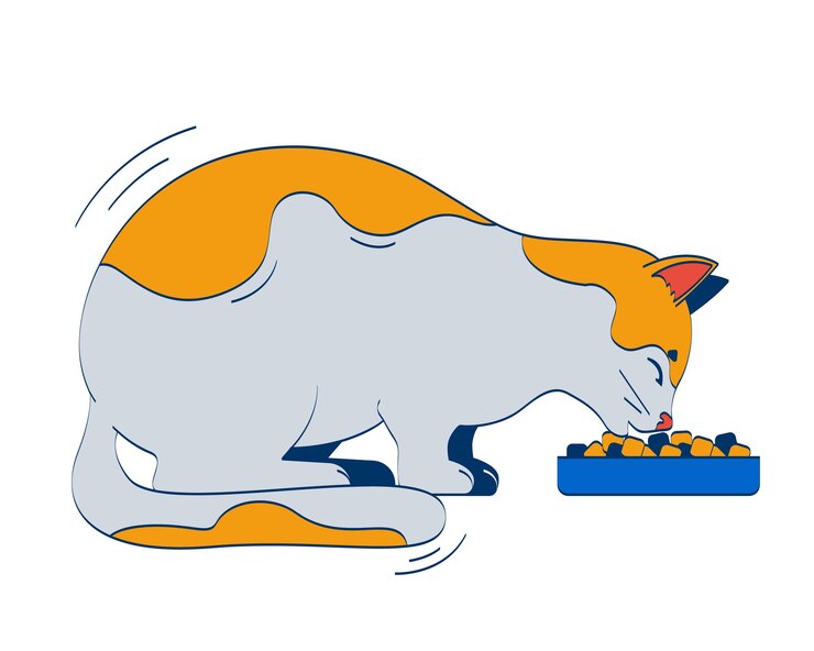 Vetor gato faminto comendo crocantes de uma tigela personagem doodle 2d