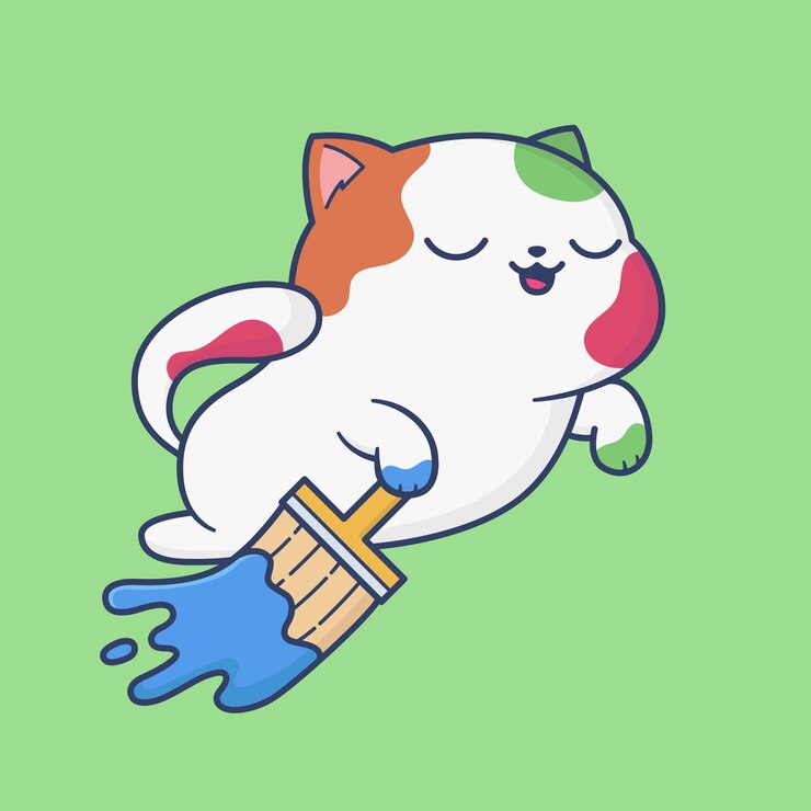 Vetor gato feliz brincando com desenho animado de pincel
