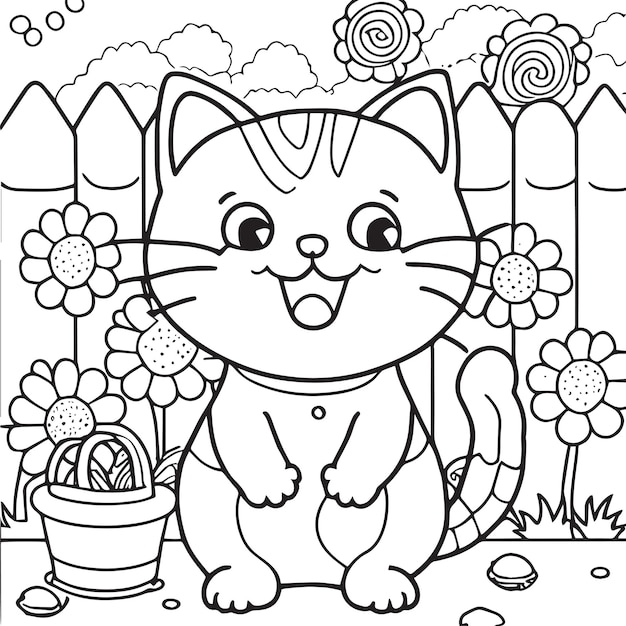 Gato feliz brincando lá fora livro de colorir para crianças ilustração de contorno dos desenhos animados