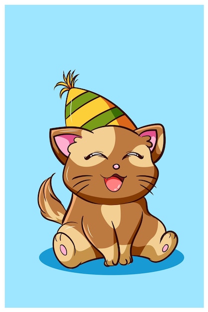 Gato feliz e kawaii usando chapéu de aniversário, ilustração de desenho animado