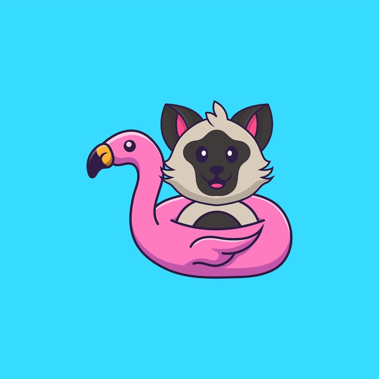 Vetor gato fofo com bóia de flamingo. conceito de desenho animado animal isolado