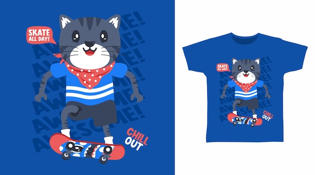 Gato fofo com conceito de design de camiseta de skate