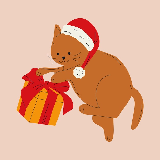Vetor gato fofo com presente de natal ilustração vetorial