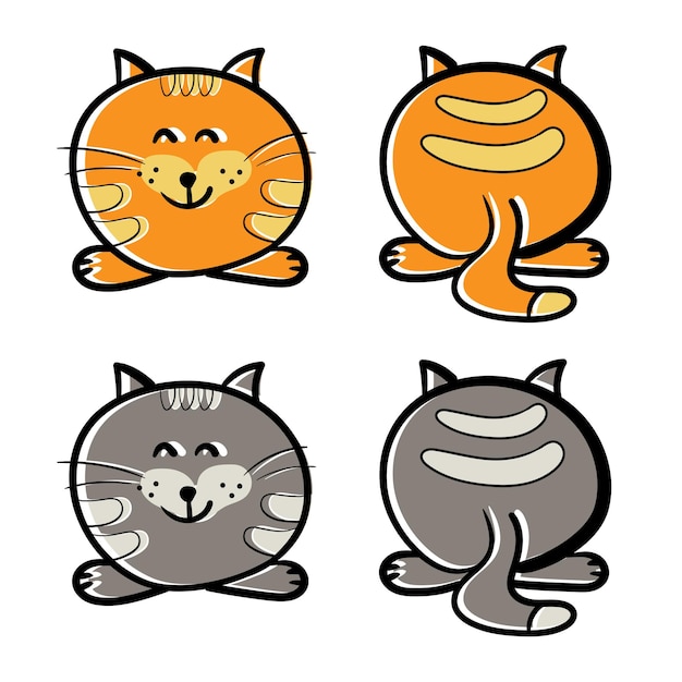 Vetor gato fofo conjunto de ícones gato de desenho animado frente e verso ilustração fofa isolada