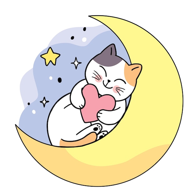 Gato fofo desenho animado e coração na lua à noite vetor