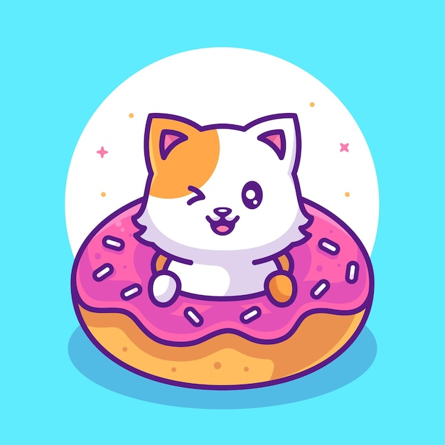 Gato fofo e deliciosa comida de rosquinha ou logotipo de animal de estimação ícone ilustração vetorial em estilo simples