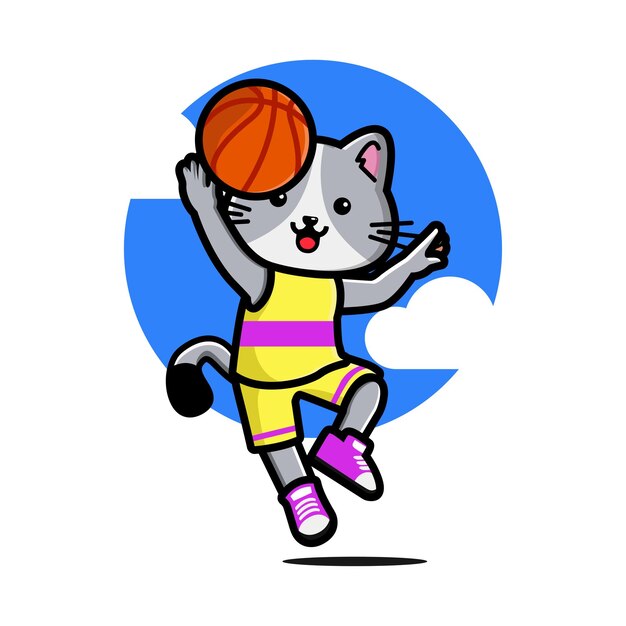 Gato fofo feliz jogando basquete