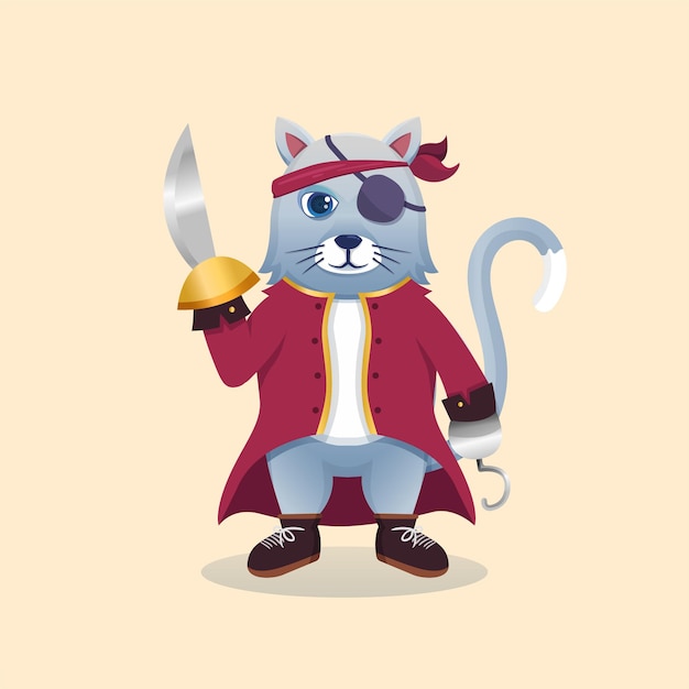 Gato fofo mascote dos desenhos animados vestindo fantasia de pirata carregando uma espada.