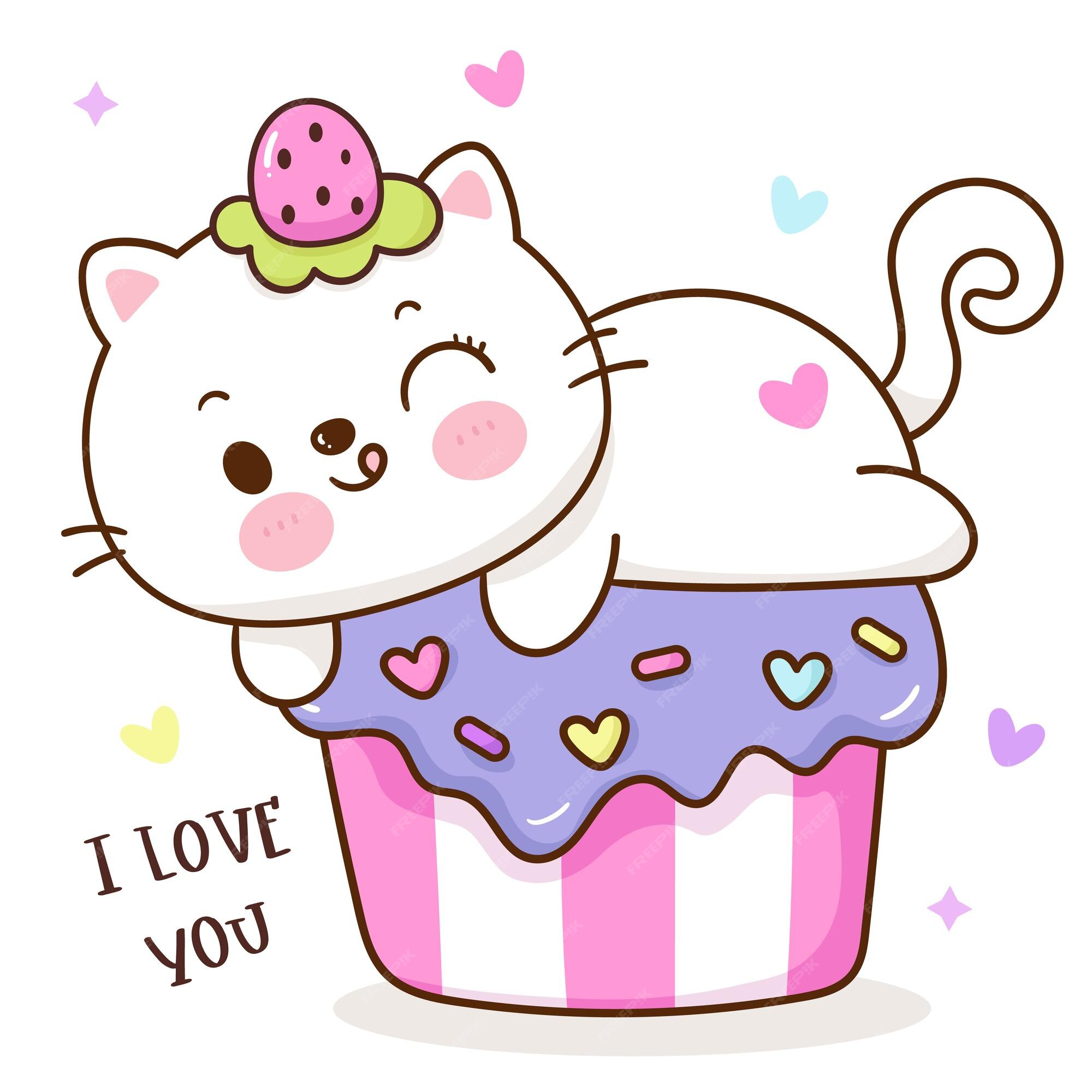 gato fofo com cupcake e personagem de desenho animado kawaii 1846687 Vetor  no Vecteezy