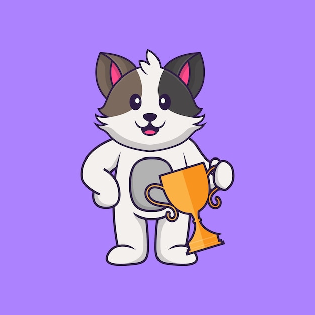 Gato fofo segurando troféu de ouro. conceito de desenho animado animal isolado