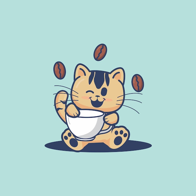Gato fofo segurando uma ilustração dos desenhos animados de uma xícara de café