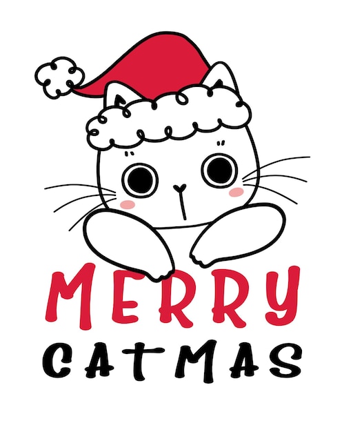 Gato gatinho fofo desenhado à mão com chapéu de papai noel vermelho, feliz catmas, desenho de desenho animado infantil plana vetor