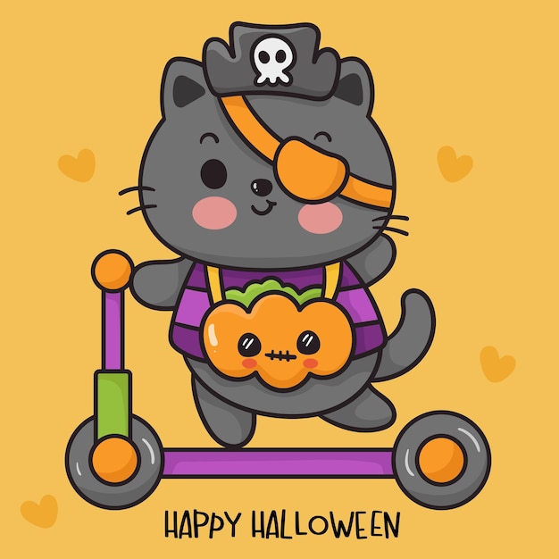 Vetor gato halloween condução bicicleta entrega abóbora kawaii animal