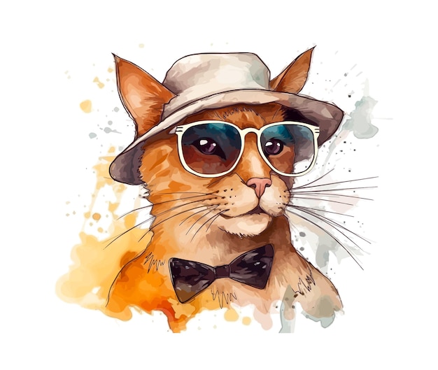 Gato hipster aquarela em óculos escuros e um chapéu ilustração de moda vetorial