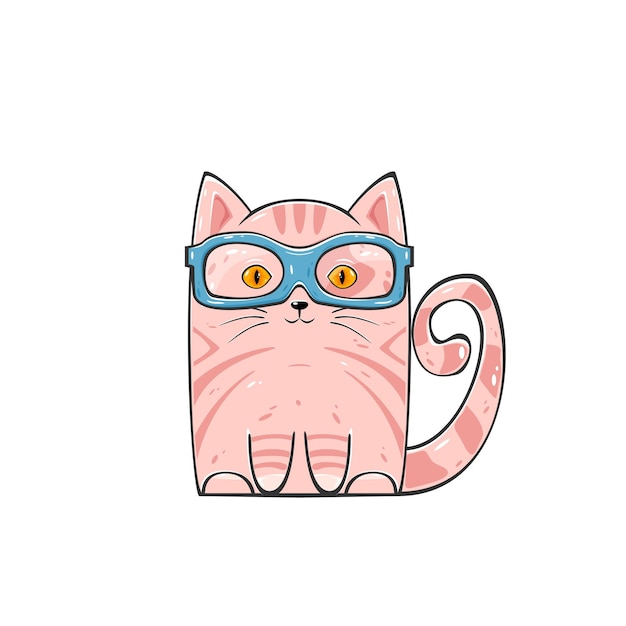 Gato isolado no fundo branco. gatinho rosa fofo com óculos, ilustração.