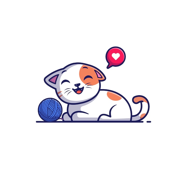 Gato jogando bola icon ilustração. gato bonito com bola de fios. conceito animal ícone branco isolado