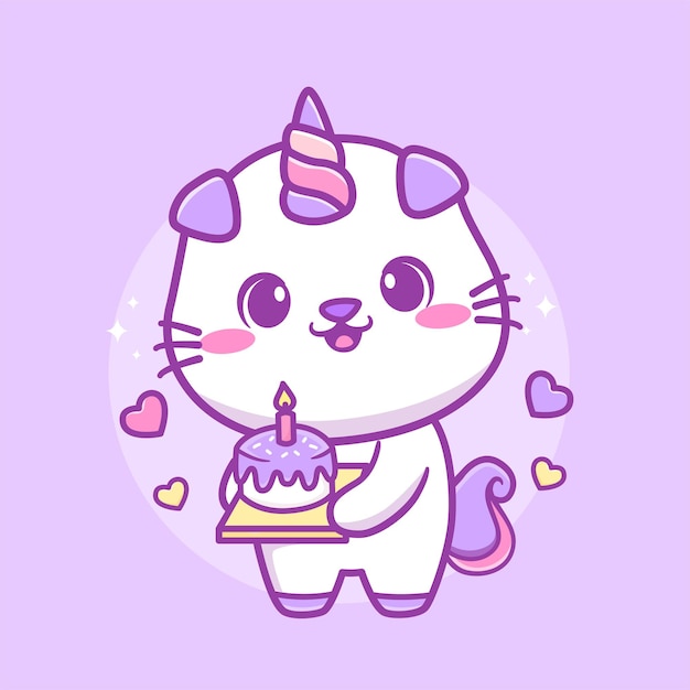 Gato kawaii bonito caticorn segurando desenho de bolo de aniversário