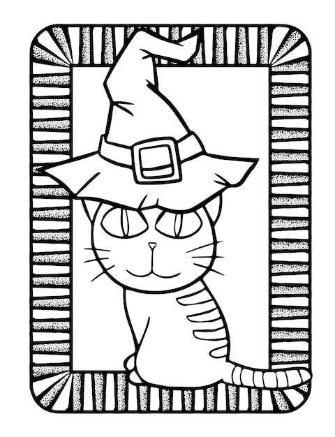 Gato kawaii engraçado e fofo sentado e usando chapéu de bruxa para o halloween - página para colorir