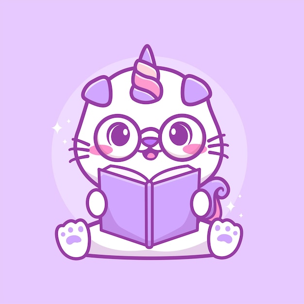 Gato kawaii fofo gato lendo livro ilustração vetorial de desenho animado conceito de educação para crianças animais