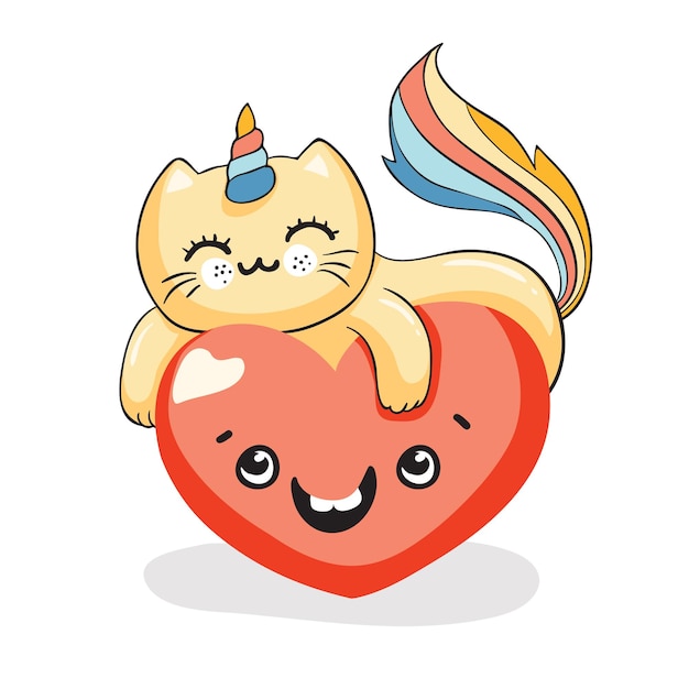 Gato kawaii fofo, unicórnio gato no coração sorridente, ilustração vetorial eps 10