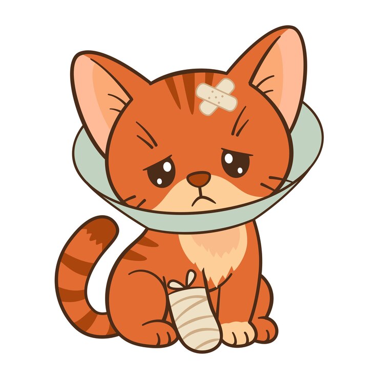 Vetor gato laranja triste com colarinho de cone e pata e orelha vendadas gato chibi de estilo plano