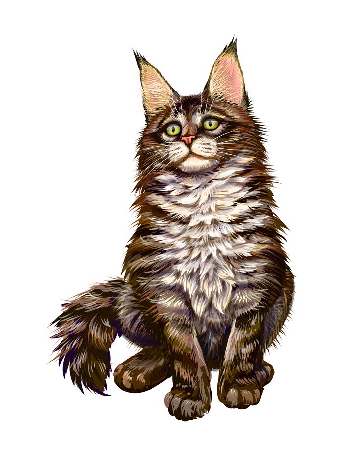 Vetor gato maine coon sentado e olhando para longe sobre um fundo branco. ilustração vetorial