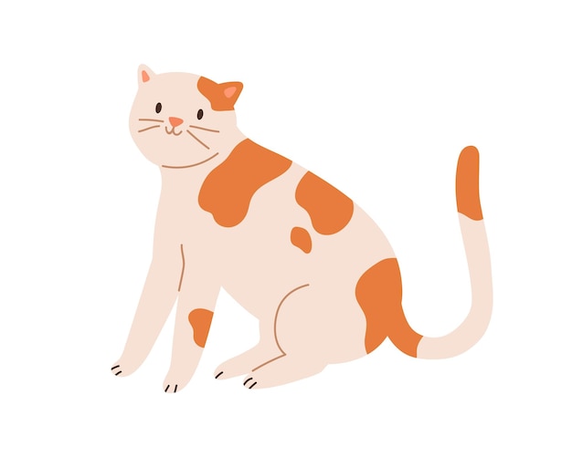 Gato malhado bonito sentado com cauda levantada. Gatinho engraçado com sorriso amigável, isolado no fundo branco. Ilustração em vetor plana colorida dos desenhos animados.
