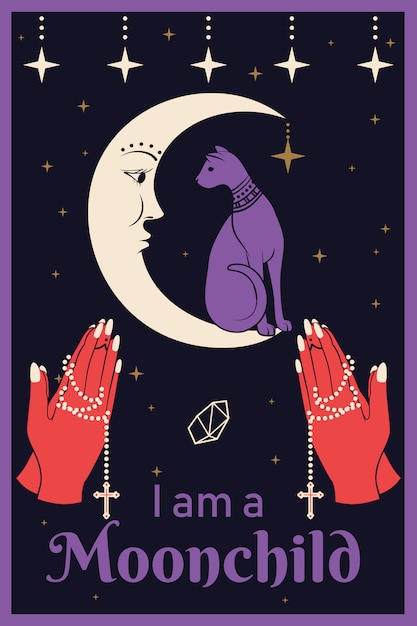 Gato na lua. Orando mãos segurando um rosário. Eu sou um texto Moonchild