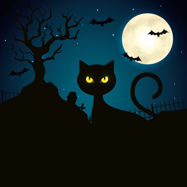 Gato na noite escura ilustração de cena de halloween