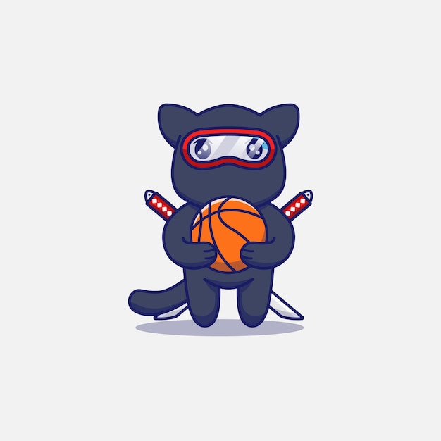 Gato ninja fofo carregando uma bola de basquete