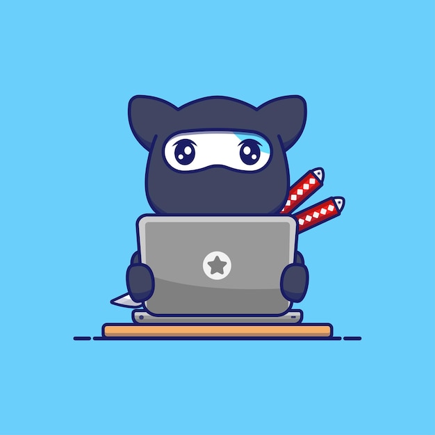 Gato ninja fofo com seu laptop