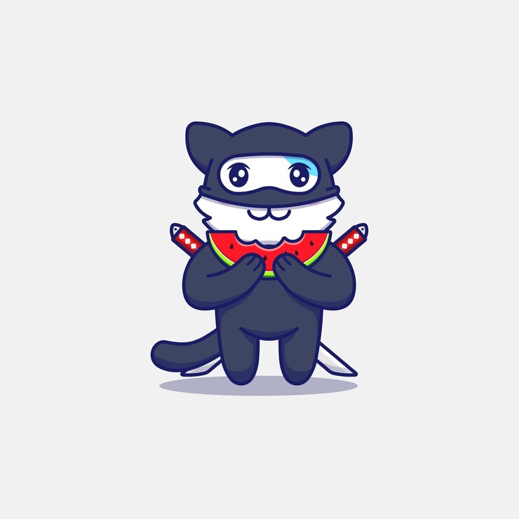 Vetor gato ninja fofo comendo melancia fresca