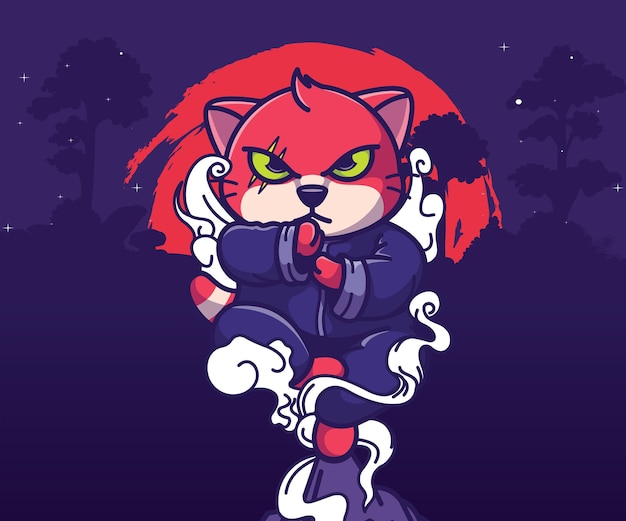 Gato ninja mascote ilustração vetor estilo de desenho animado plano