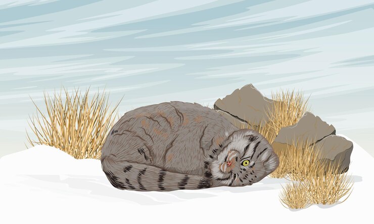 Vetor gato pallas dorme na neve perto de grandes pedras animais selvagens da ásia no inverno vector realista