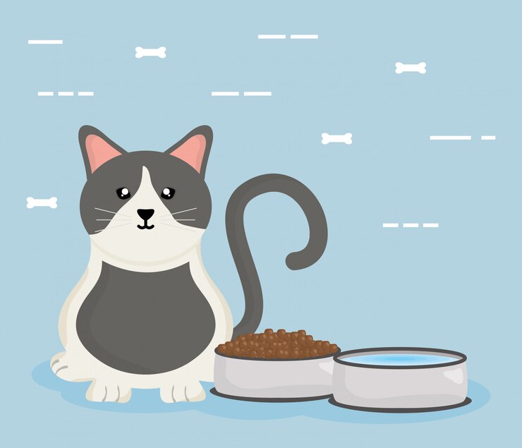 Vetor gato pequeno bonito com comida