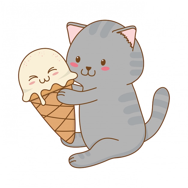 Gato pequeno bonito com sorvete personagem kawaii