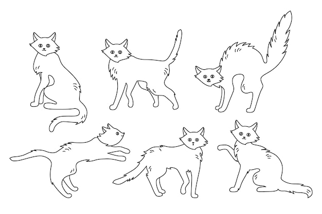 Desenhos animados doodle desenho de gato preto. silhueta de gatinho simples  e fofo, ilustração vetorial de halloween.