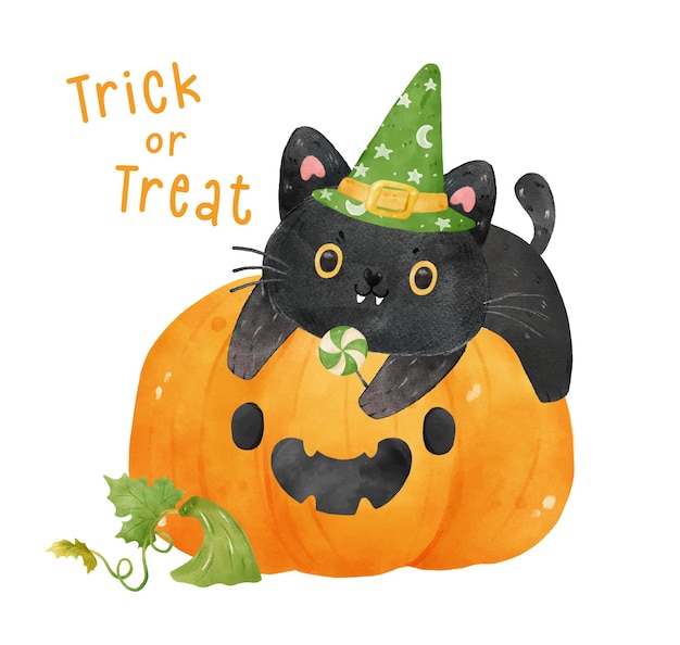 Gato preto aquarela bonito com chapéu de bruxa no halloween com cara engraçada de abóbora laranja truque ou travessura