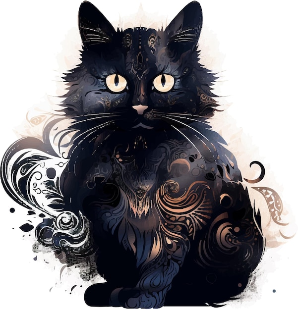 Vetor gato preto aquarela clipart bonito isolado em fundo branco