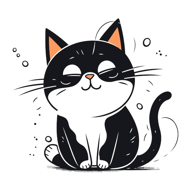 Gato preto bonito dos desenhos animados sentado na ilustração vetor de fundo branco