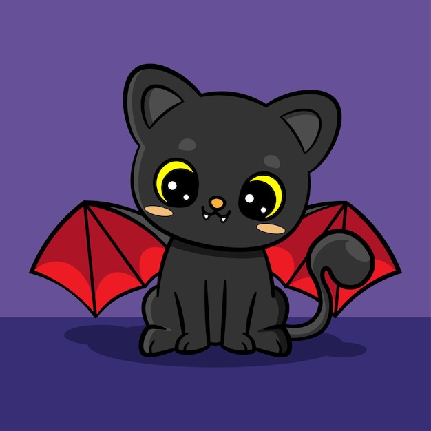 Gato preto bonito no estilo morcego. Vetor de Halloween. Festa à fantasia de Halloween