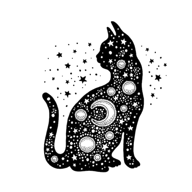 Gato preto bruxa vetor mágico de halloween silhueta de ícone de gato místico ilustração animal com estrela da lua